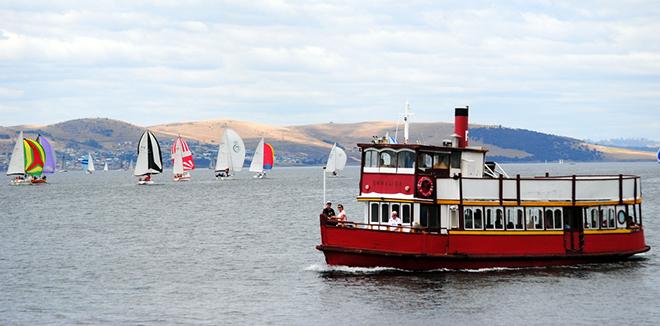 Hobart's iconic ferry, the MV Emmalisa with the Combined Club fleet in the distance ©  Peter Campbell